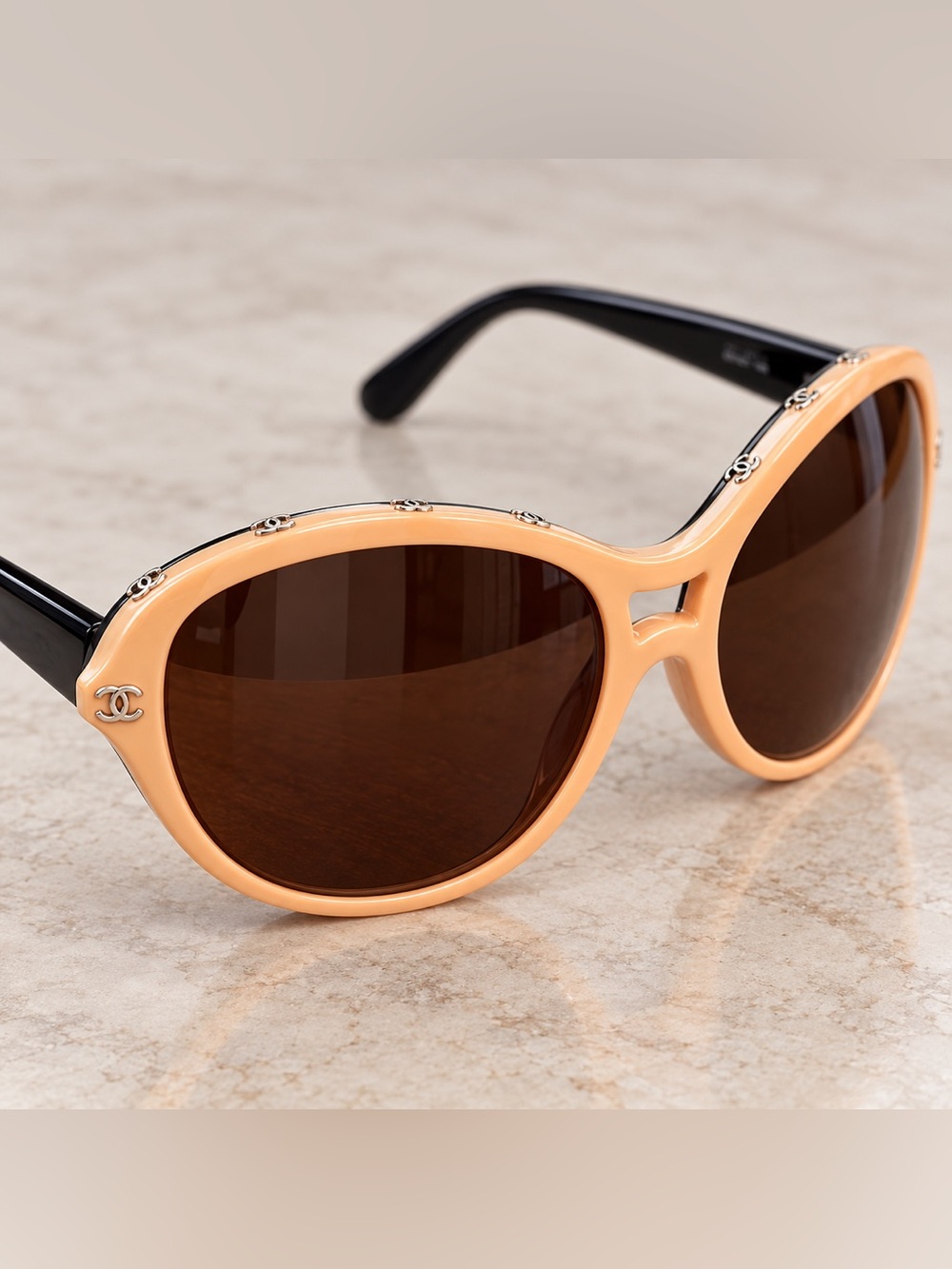 CHANEL Peach Oversized Sunglasses Dark Brown Lenses Black Temples CC Logo